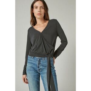 LUCKY BRAND Women’s Black Long Sleeve Plunge V-Neck Sandwash Surplice Front Tie